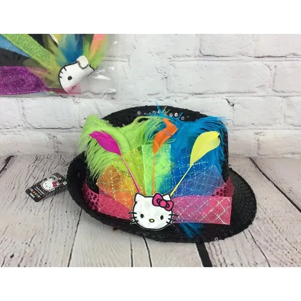 Hello Kitty Childs Black Sequined Fedora & Rainbow Sparkle Wings Cosplay Costume